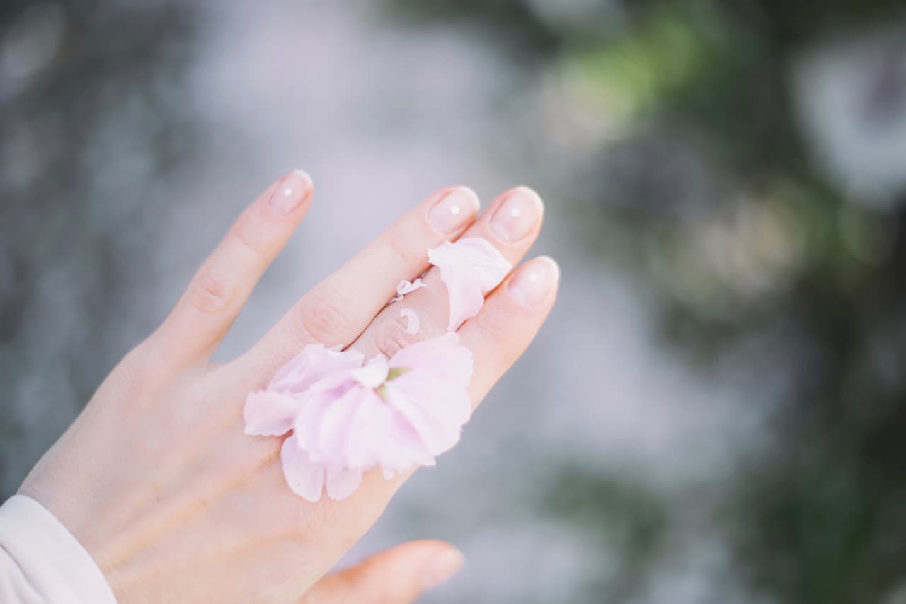 A pale hand with short pink nails holding a soft pink flower